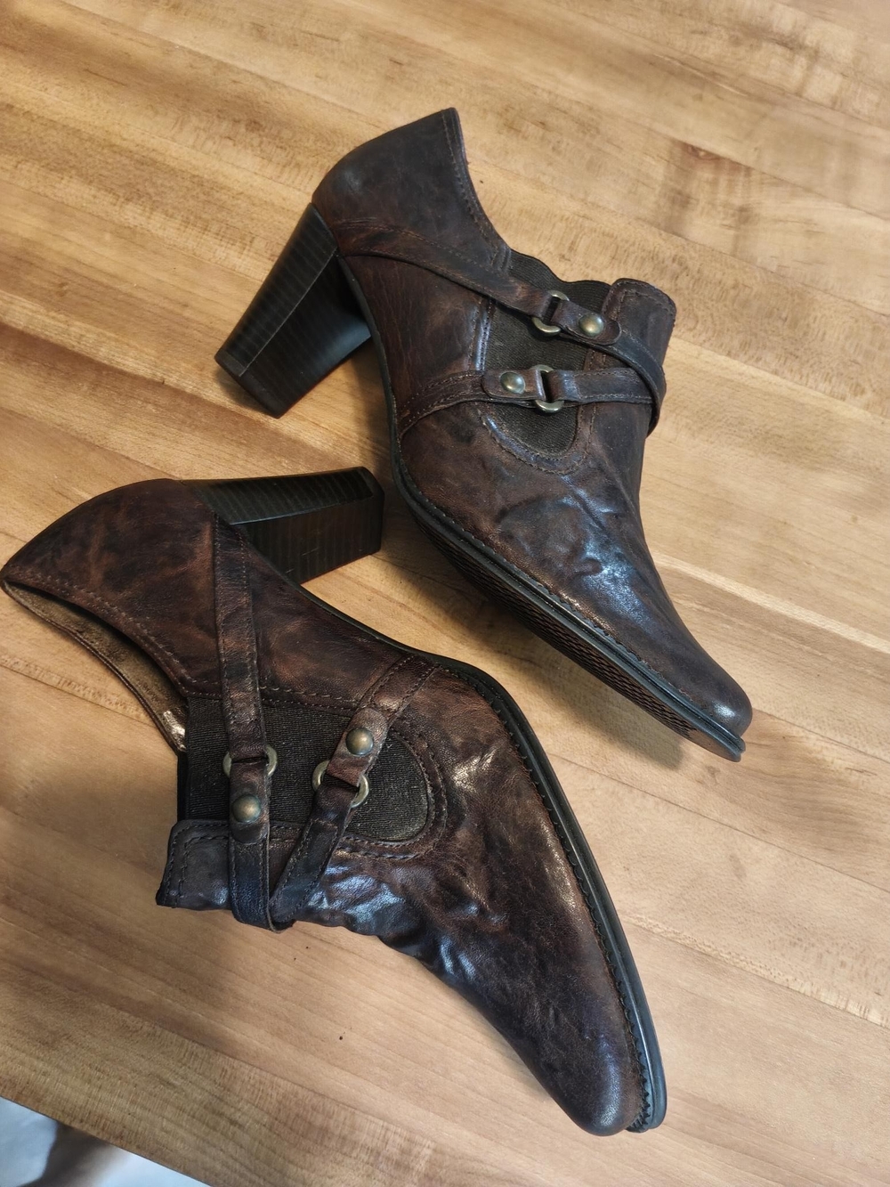 Gabor Brown Leather Distressed Block Heel Booties Ankle Boots Size 5.5 (UK 3)